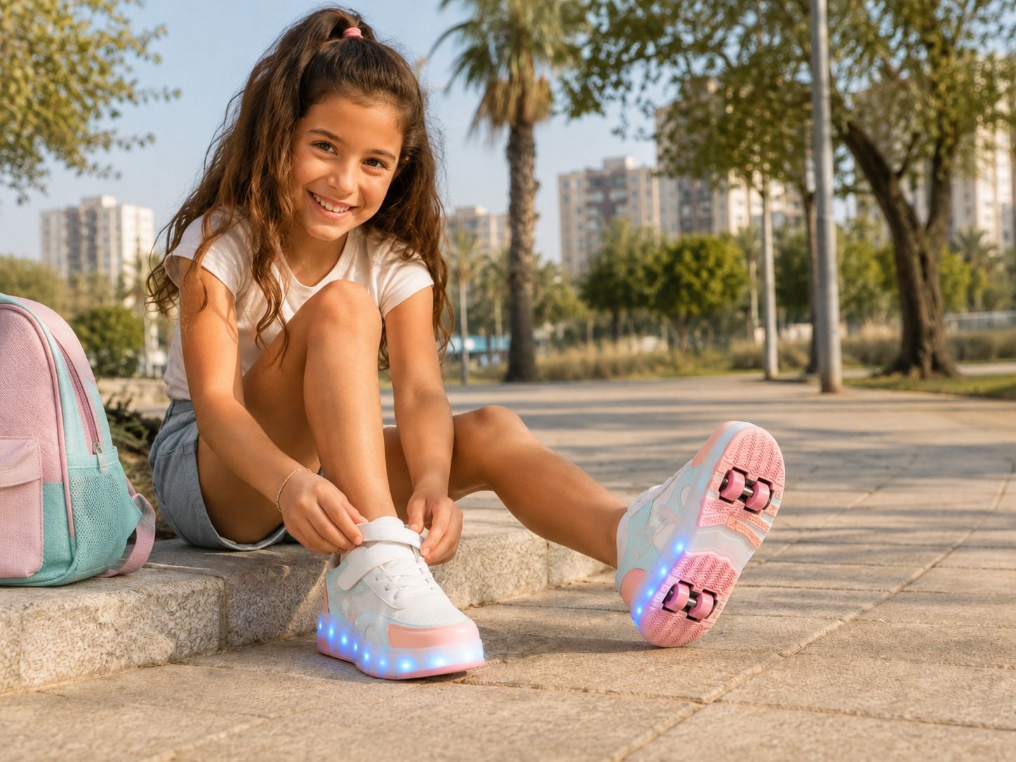 ילדה נועלת נעל גלגלים בצבע פסטל עם תאורת לד בסוליה